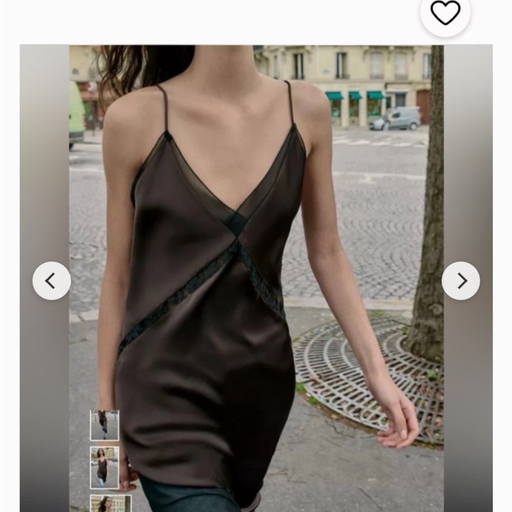 Zara Chocolate Brown Satin Asymmetrical Slip Dress with Black Trim - Picture 2 of 3